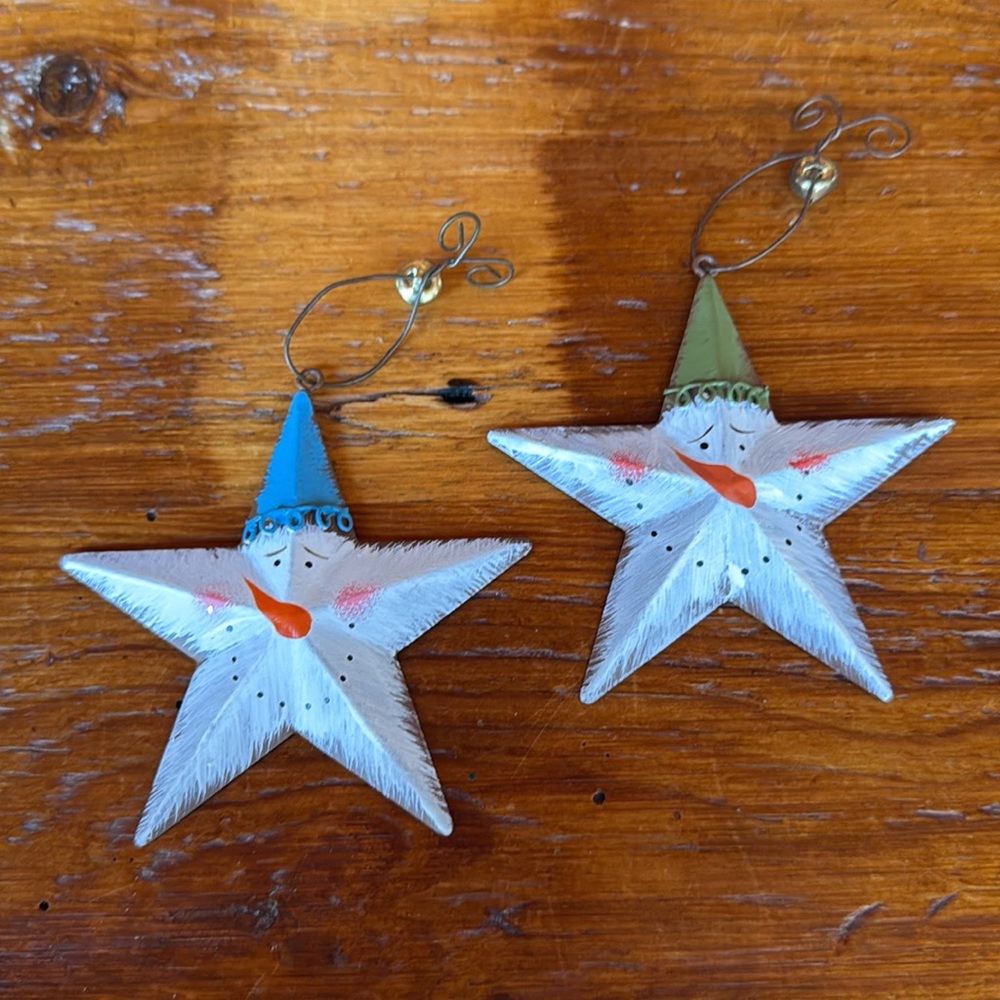 🎄 NWOT Metal Star Snowman Ornaments Set of Two